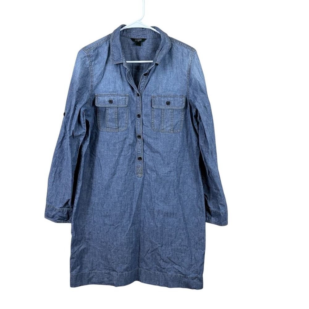 J. Crew Chambray Mini Shift Dress Womens Medium Roll Tab Sleeve Half Button Blue